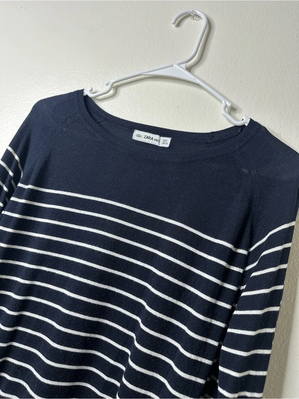 Zara Navy and White Striped Crewneck Sweater with Green Band